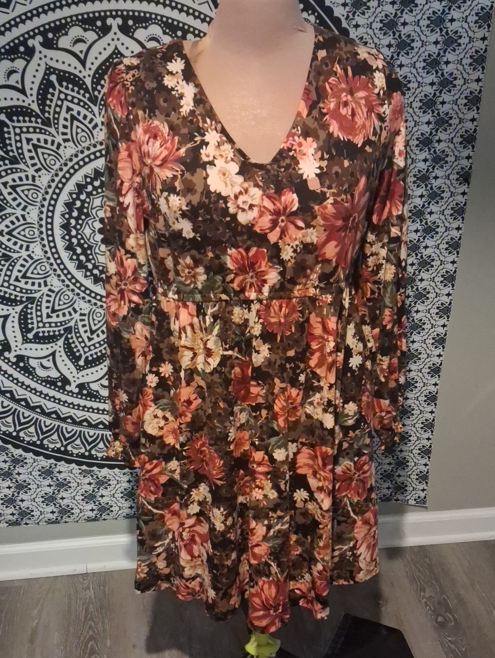 Floral V-Neck Empire Waist Long-Sleeve Dress in Brown